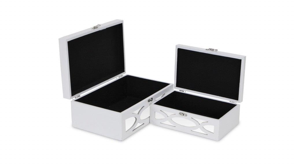 Set of Two White Oval Scroll Mirror Jewelry Storage Boxes - AFS