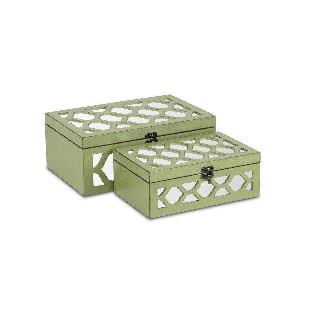 Set of Green Quatrefoil Mirror Jewelry Storage Boxes - AFS