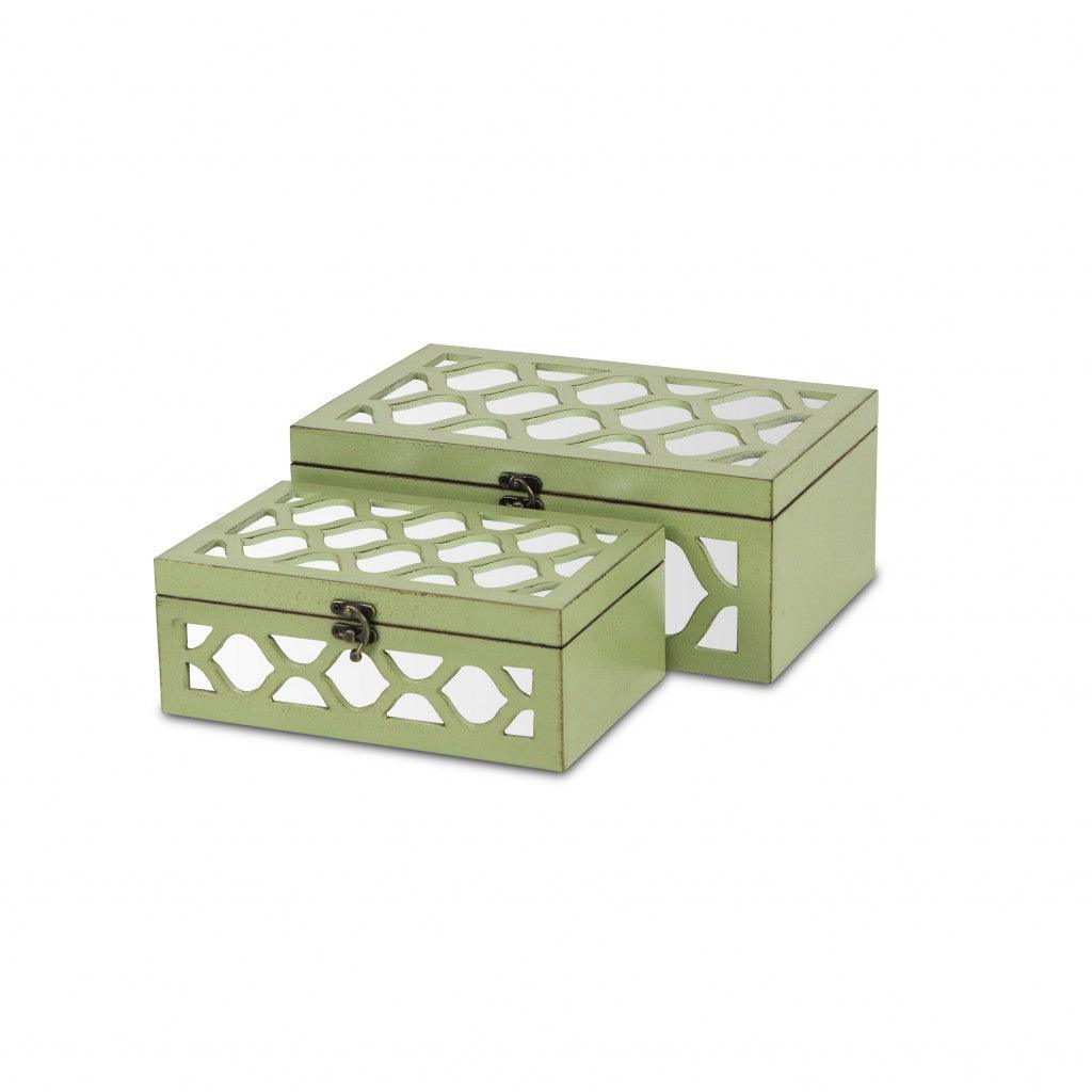 Set of Green Quatrefoil Mirror Jewelry Storage Boxes - AFS