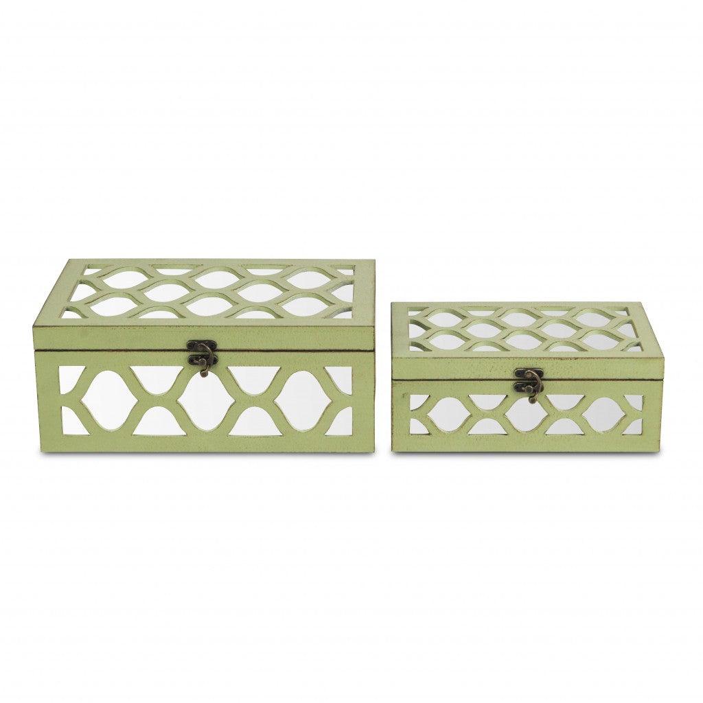 Set of Green Quatrefoil Mirror Jewelry Storage Boxes - AFS