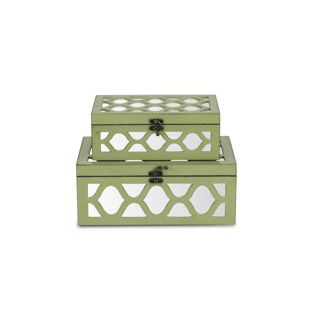 Set of Green Quatrefoil Mirror Jewelry Storage Boxes - AFS