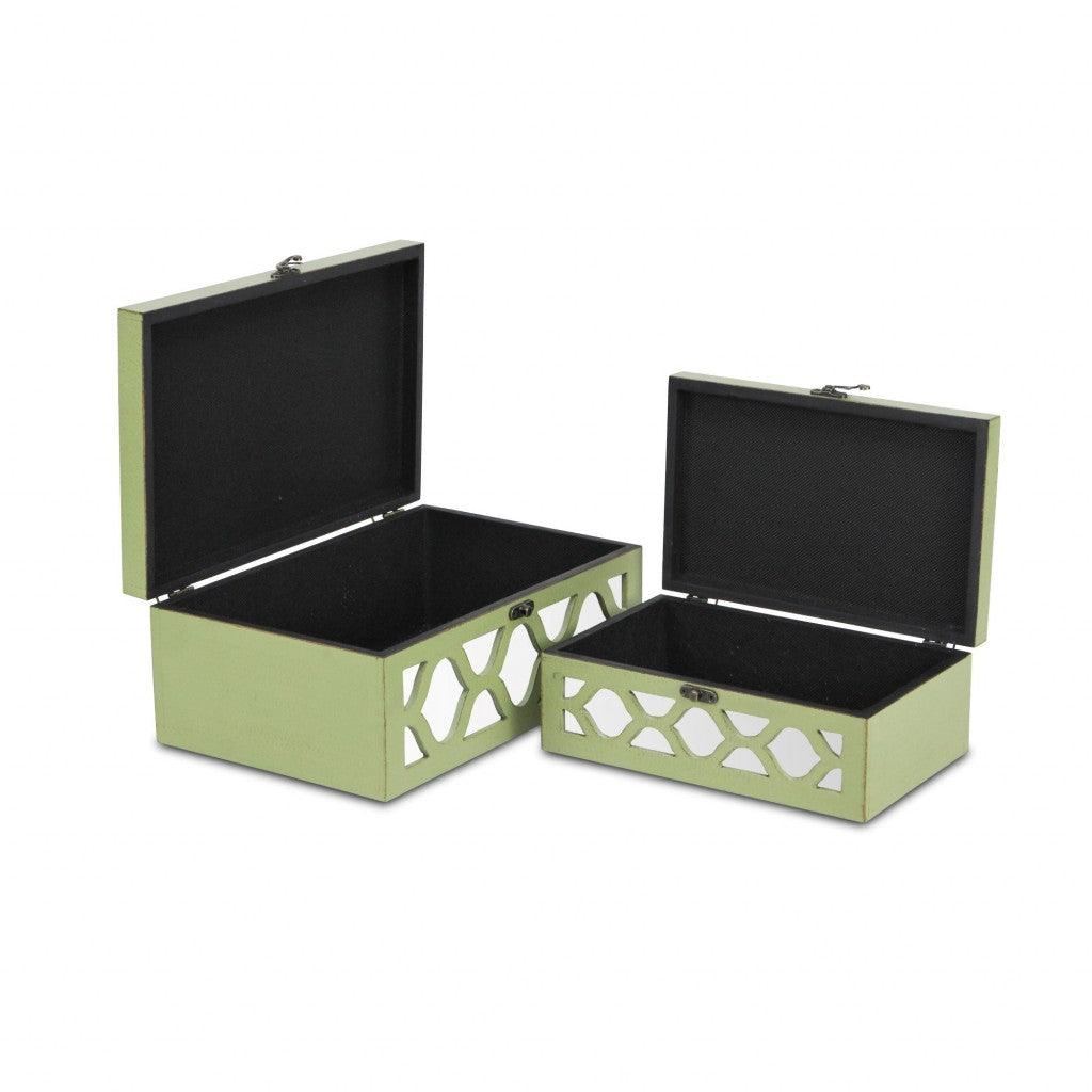 Set of Green Quatrefoil Mirror Jewelry Storage Boxes - AFS