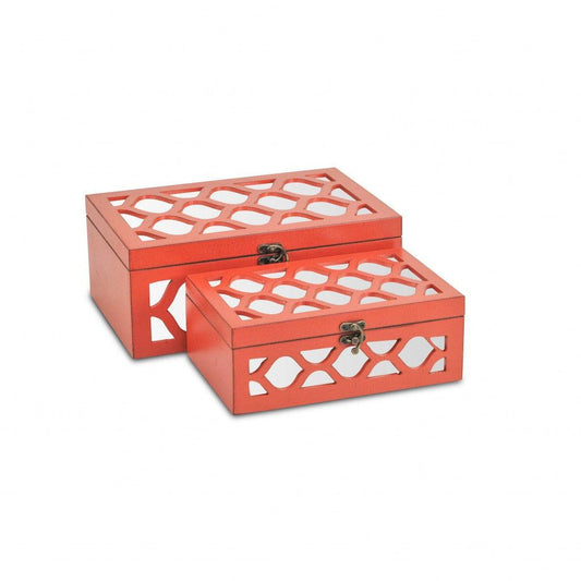 Set of Coral Quatrefoil Mirror Jewelry Storage Boxes - AFS