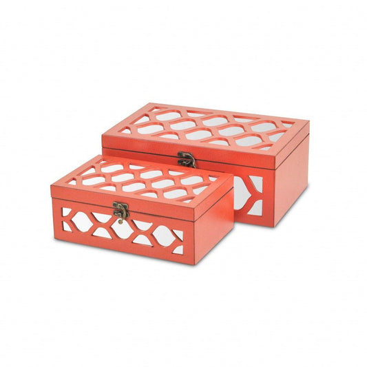 Set of Coral Quatrefoil Mirror Jewelry Storage Boxes - AFS