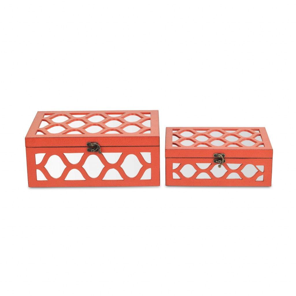 Set of Coral Quatrefoil Mirror Jewelry Storage Boxes - AFS