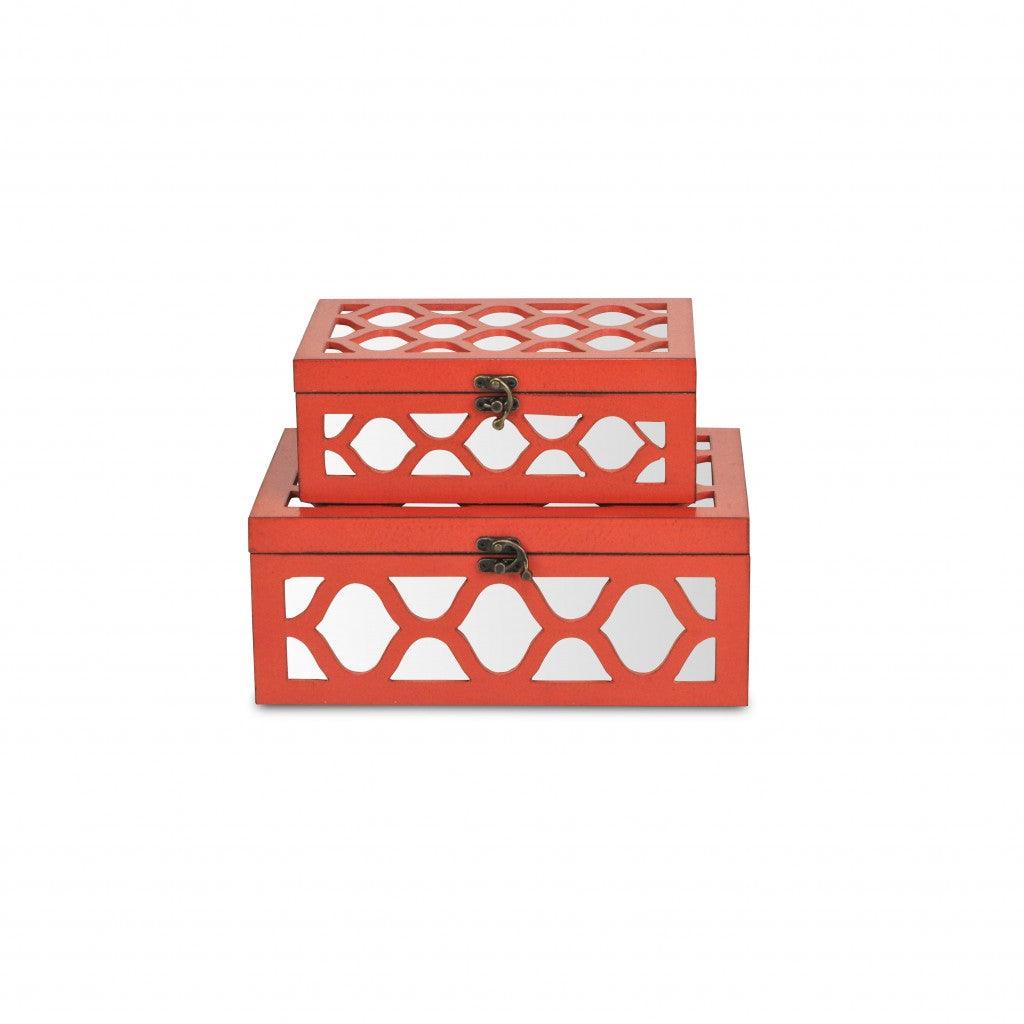 Set of Coral Quatrefoil Mirror Jewelry Storage Boxes - AFS