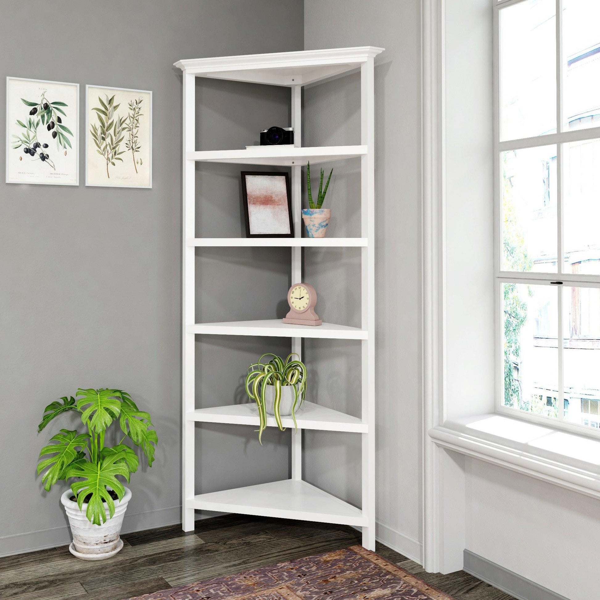 White Five Tier Solid Wood Corner Bookcase - AFS