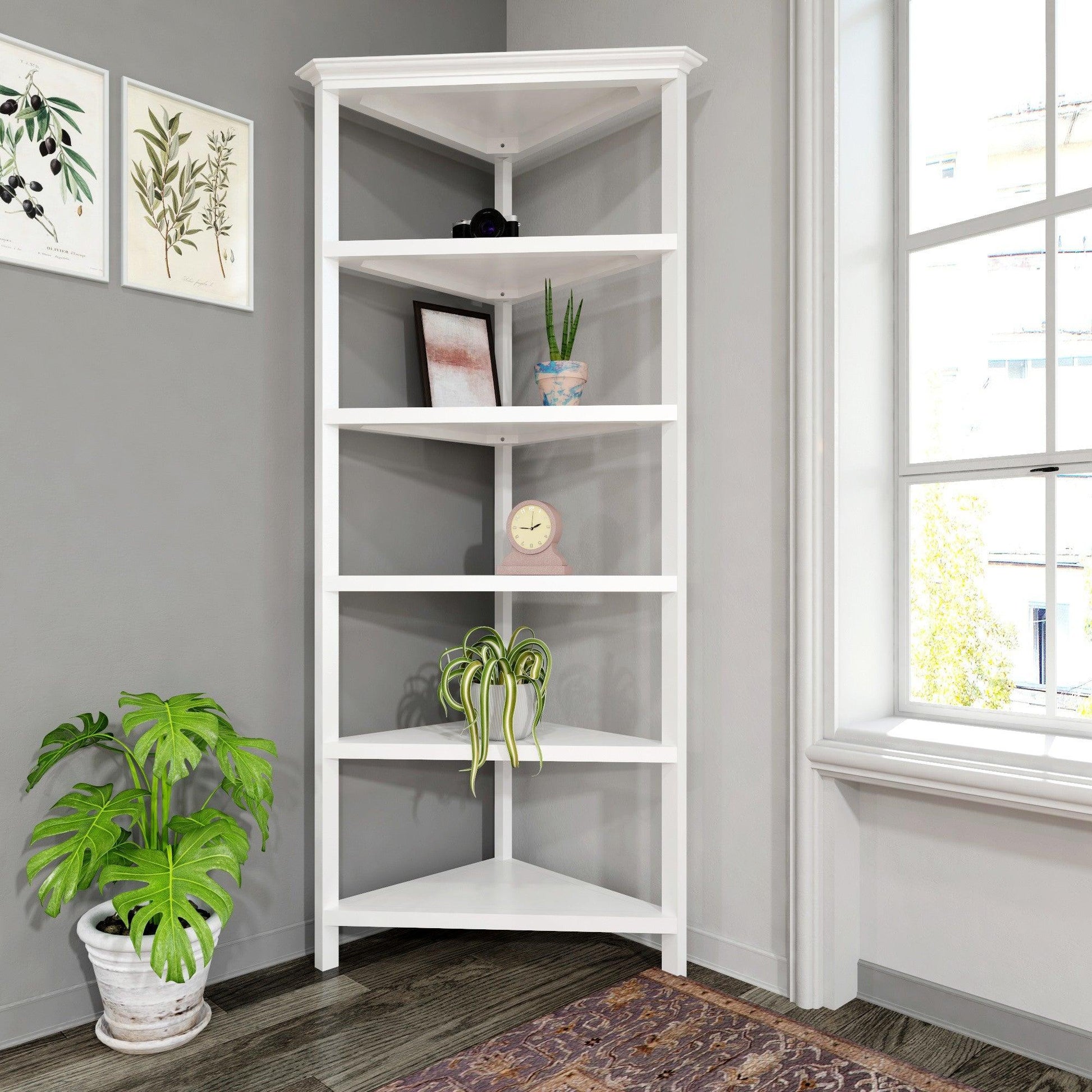 White Five Tier Solid Wood Corner Bookcase - AFS