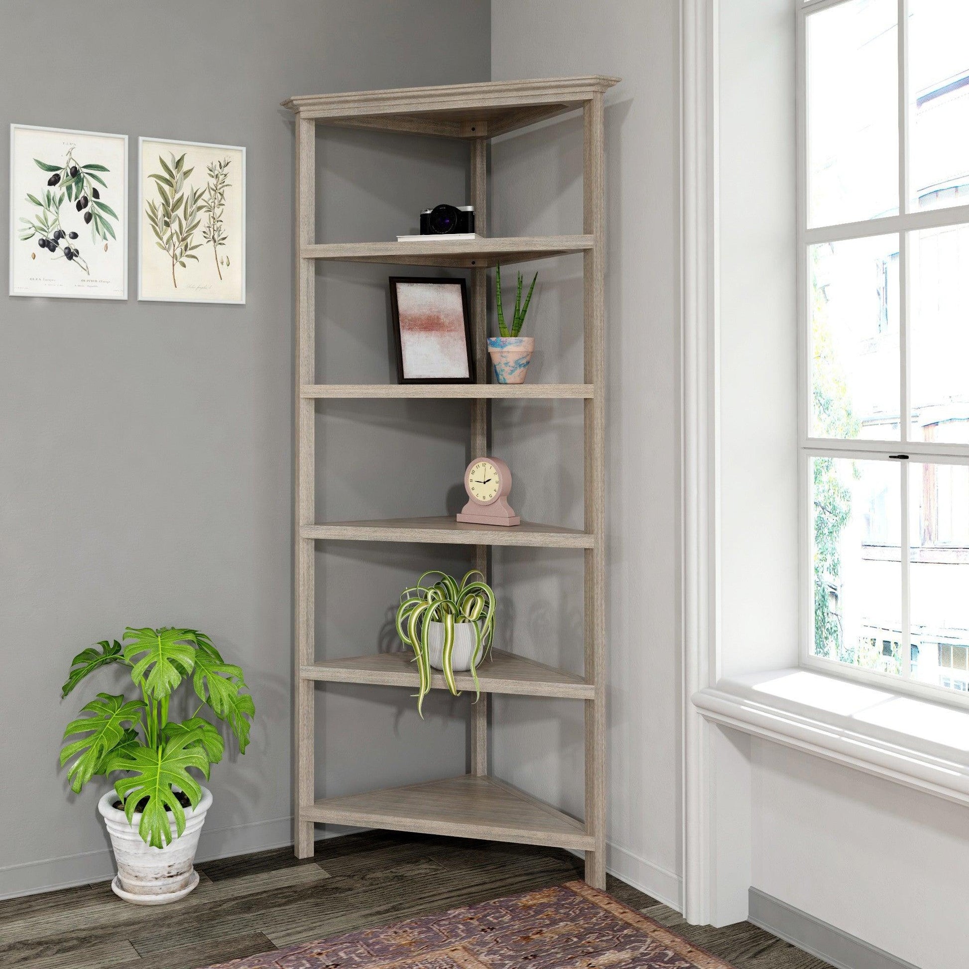 Gray Five Tier Solid Wood Corner Bookcase - AFS