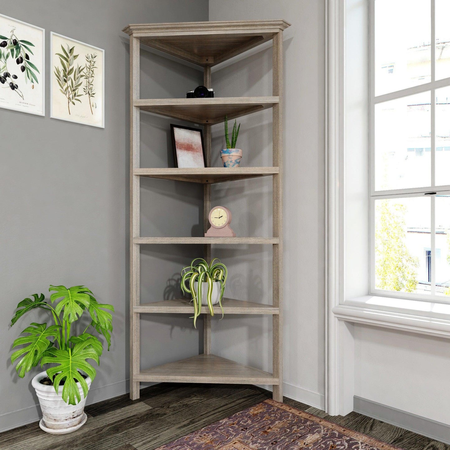 Gray Five Tier Solid Wood Corner Bookcase - AFS