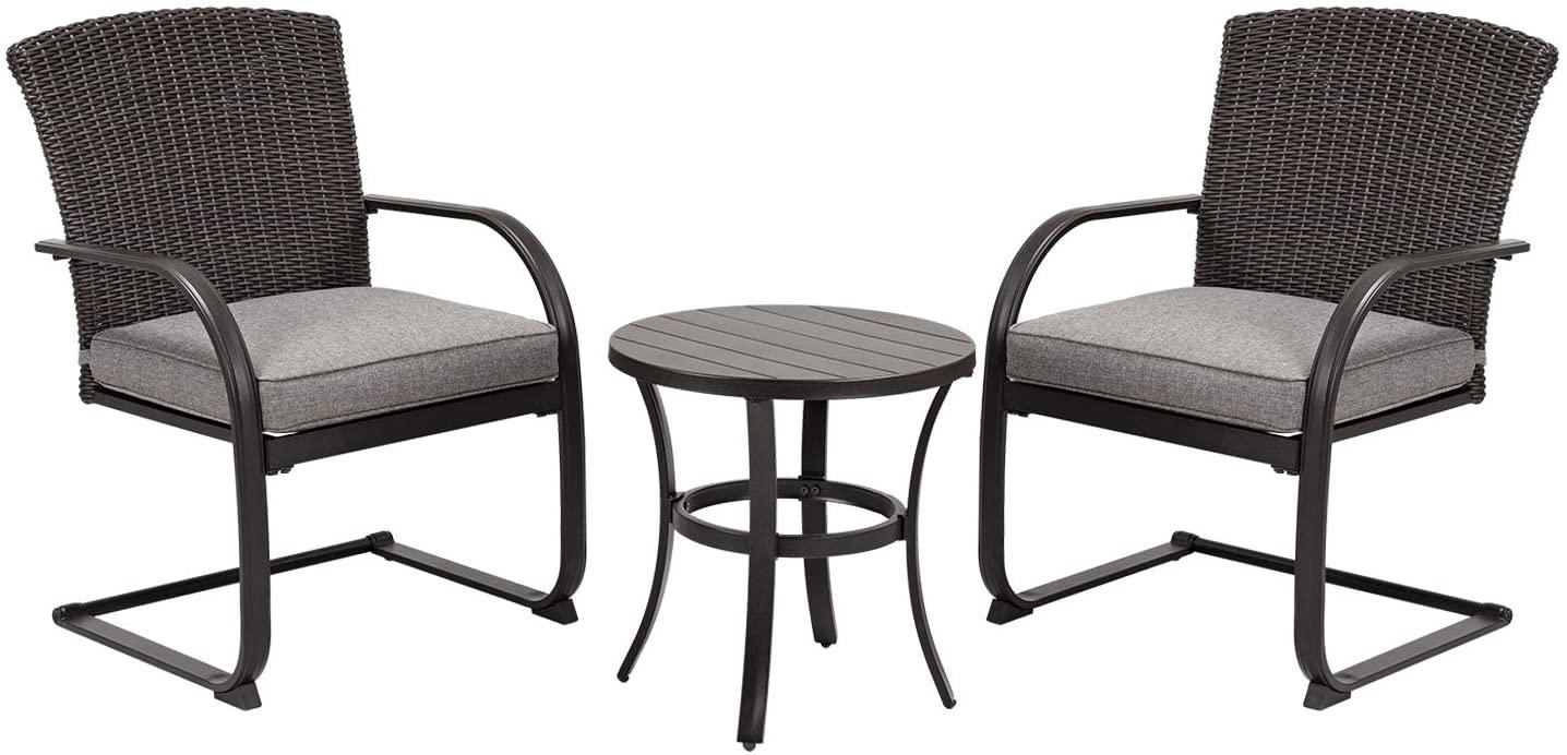 3 Piece Outdoor Patio Furniture Set Bistro Set 2 Wicker Chairs with Cushion and Coffee Table