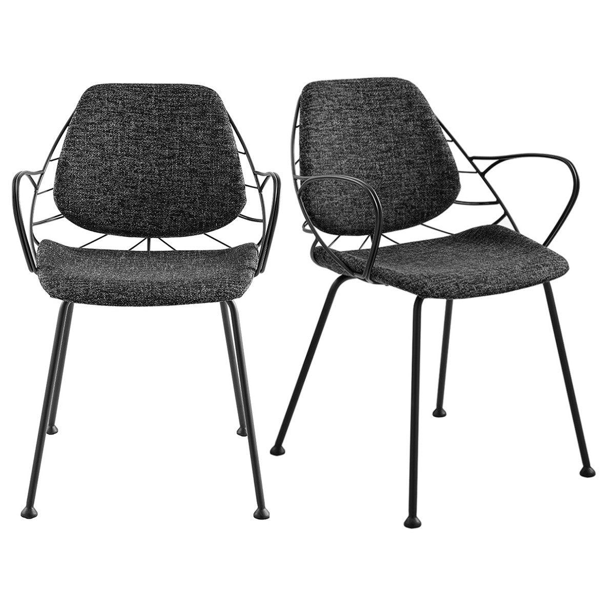 Set of Two Leaf Dark Gray Fabric and Black Dining Armchairs - AFS