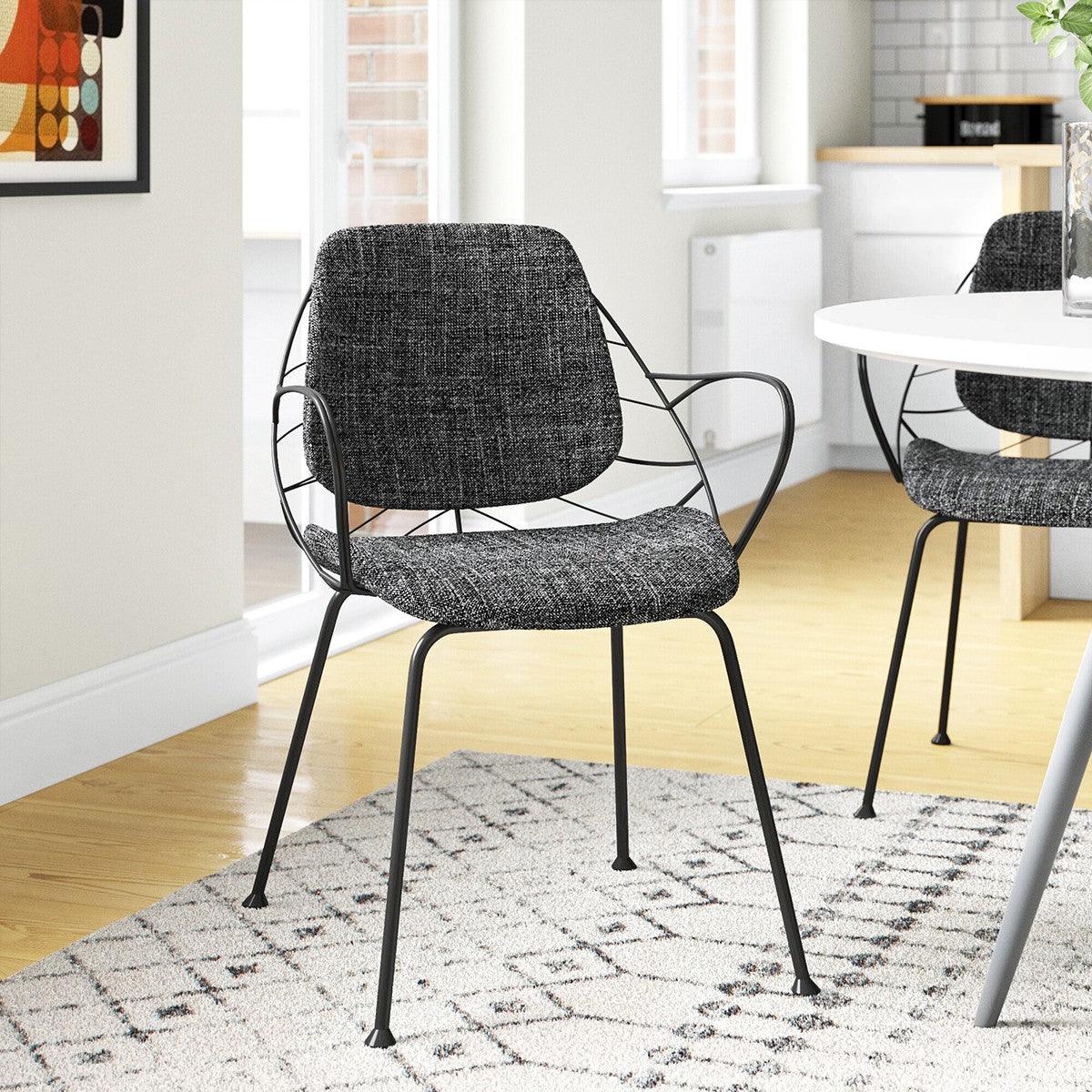 Set of Two Leaf Dark Gray Fabric and Black Dining Armchairs - AFS