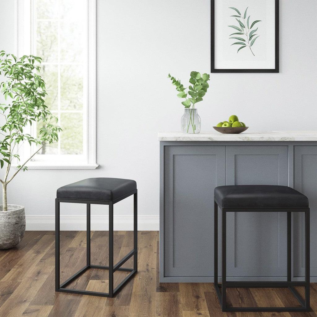 Set of Two Modern Geo Black Leather Bar Stools - AFS