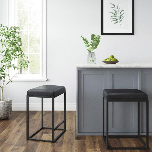 Set of Two Modern Geo Black Leather Bar Stools - AFS
