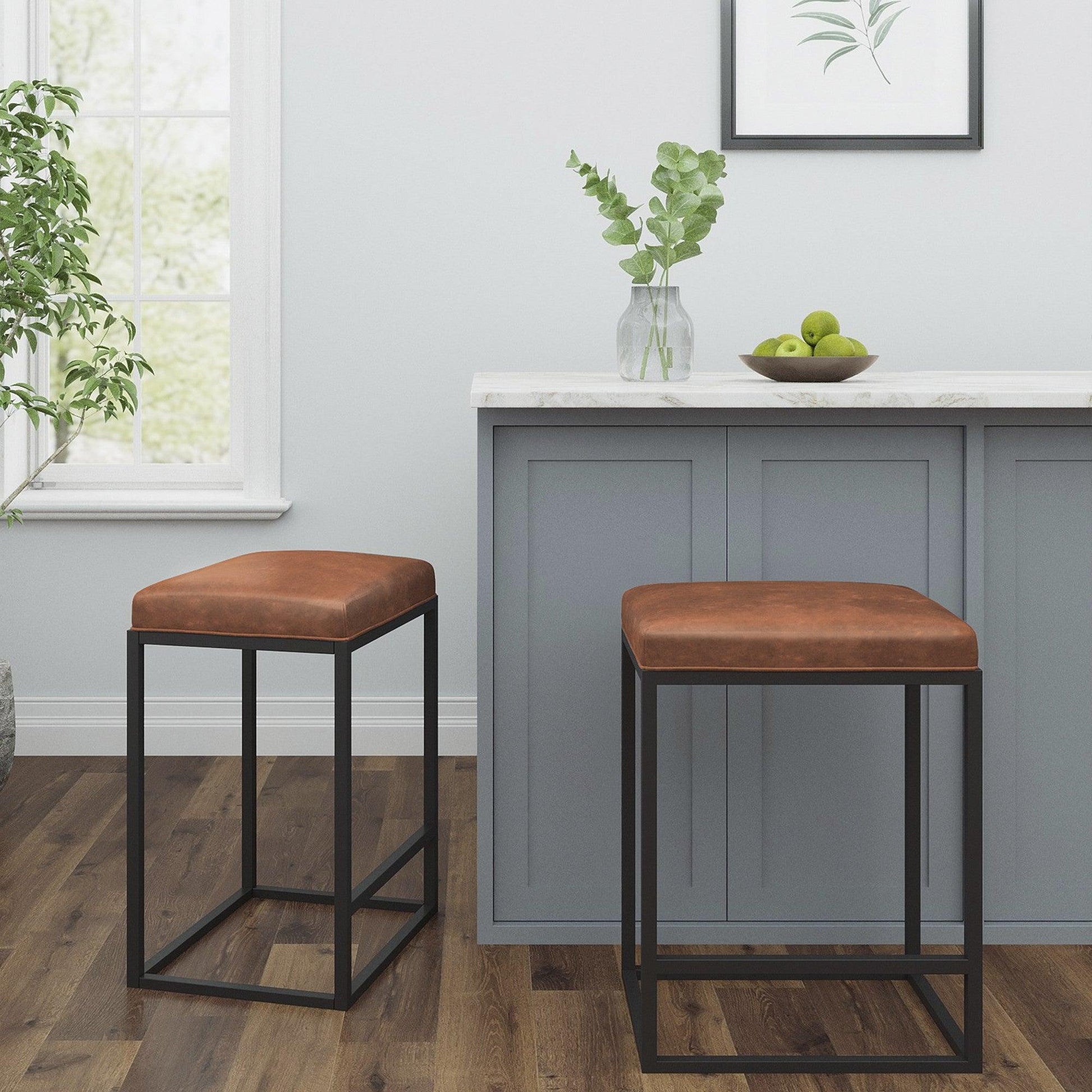 Set of Two Modern Geo Brown Leather Bar Stools - AFS