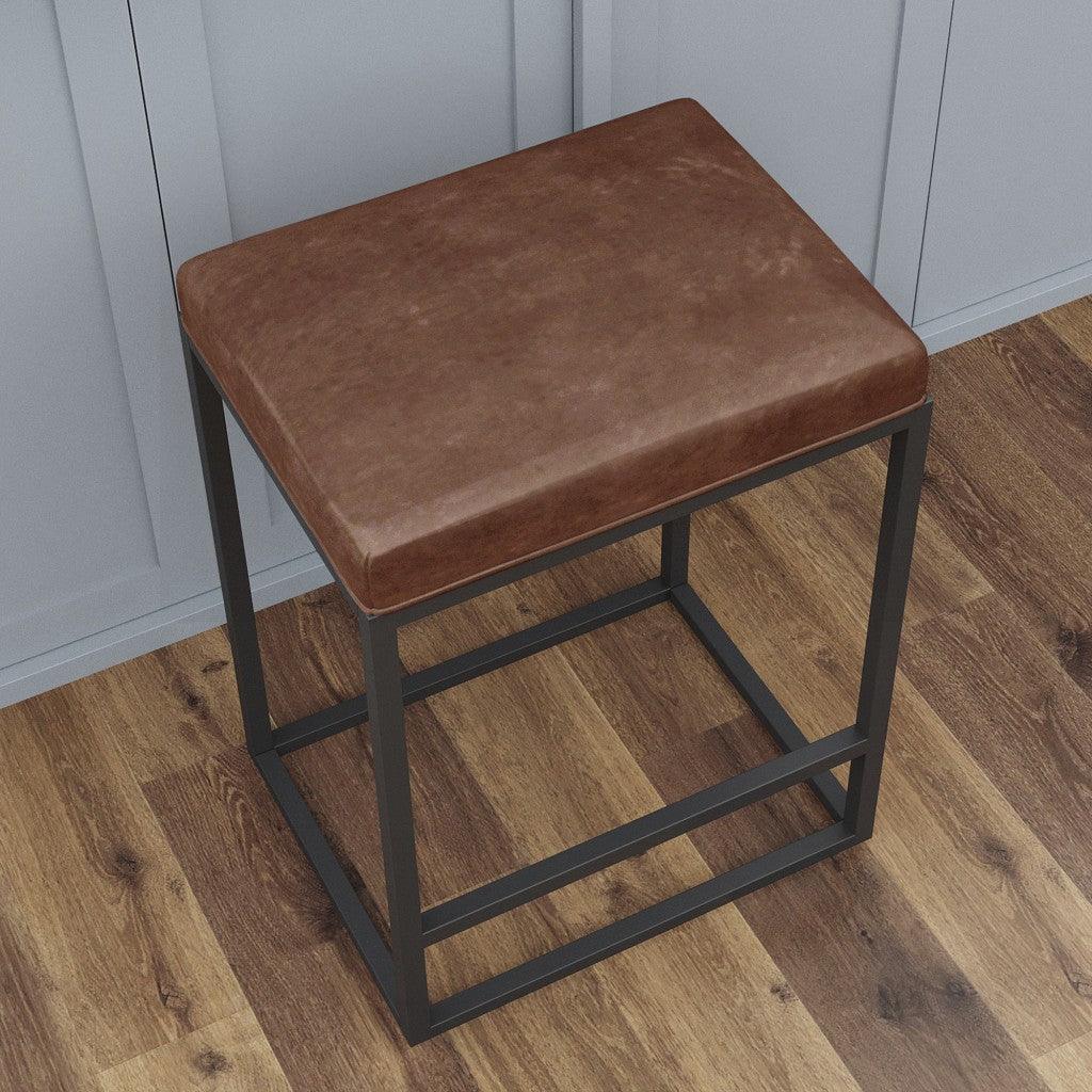 Set of Two Modern Geo Brown Leather Bar Stools - AFS