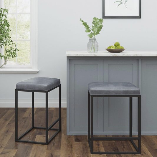 Set of Two Modern Geo Grey Leather Bar Stools - AFS