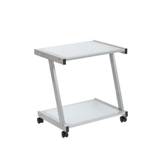 Silver and Frosted Glass Rolling Printer Cart - AFS