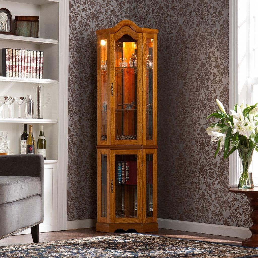 Golden Oak Scallop Top Lighted Corner Curio Cabinet - AFS