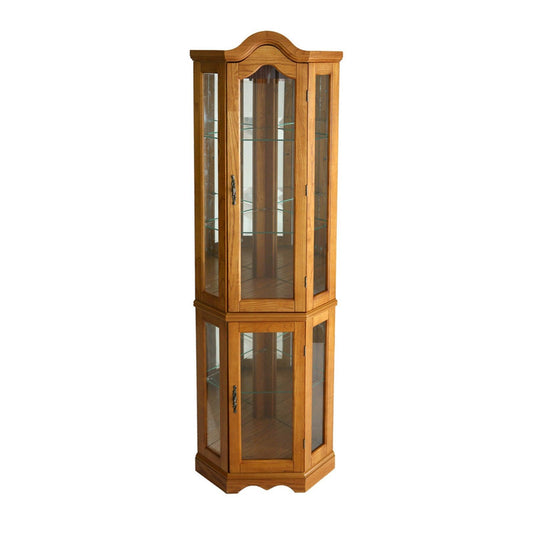 Golden Oak Scallop Top Lighted Corner Curio Cabinet - AFS