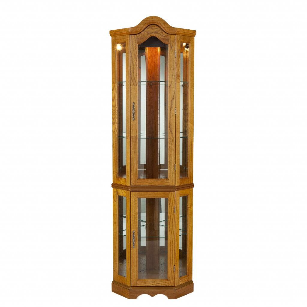 Golden Oak Scallop Top Lighted Corner Curio Cabinet - AFS