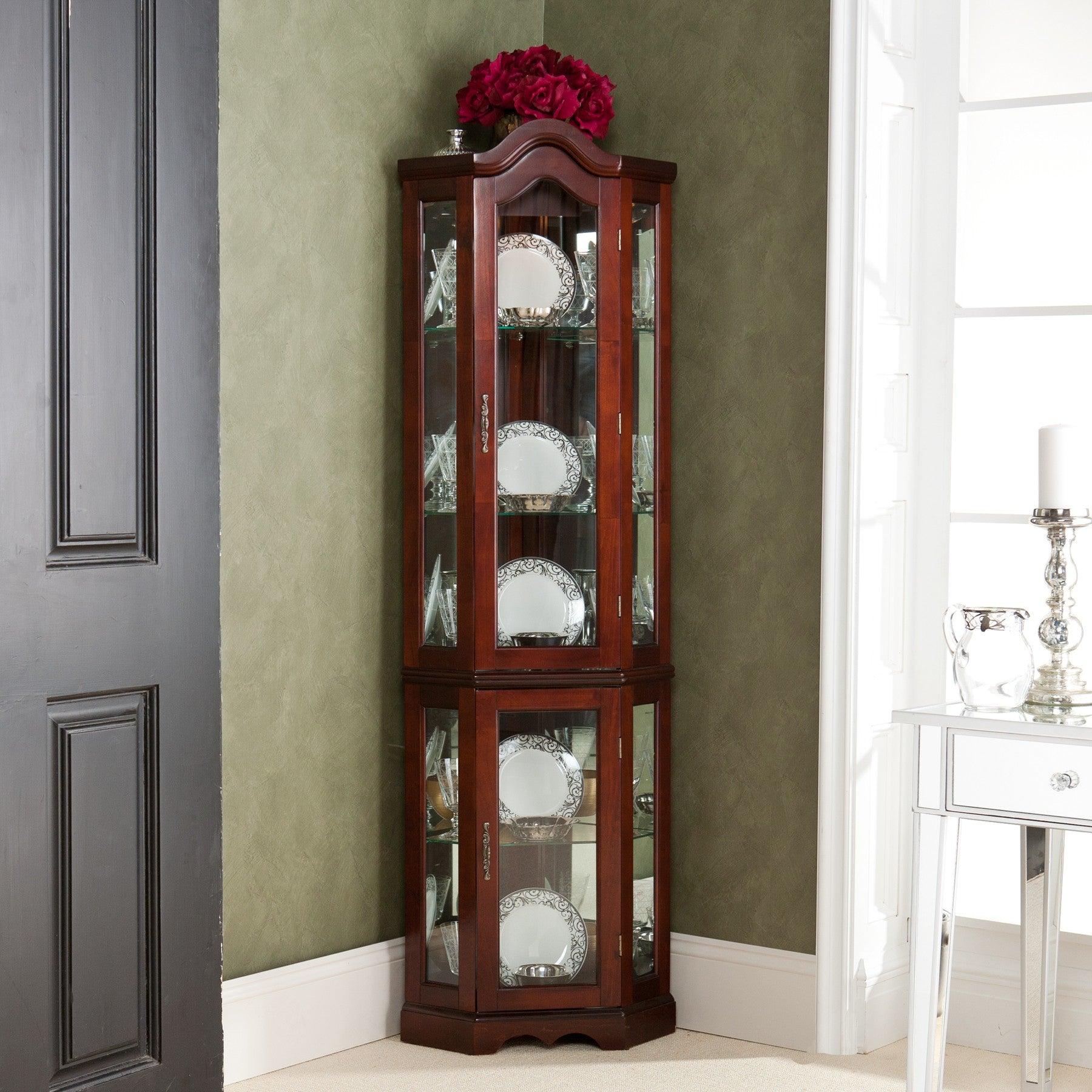 Mahogany Scallop Top Lighted Corner Curio Cabinet - AFS