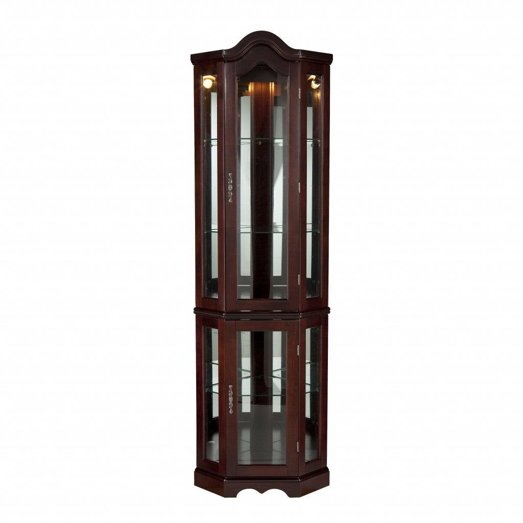 Mahogany Scallop Top Lighted Corner Curio Cabinet - AFS