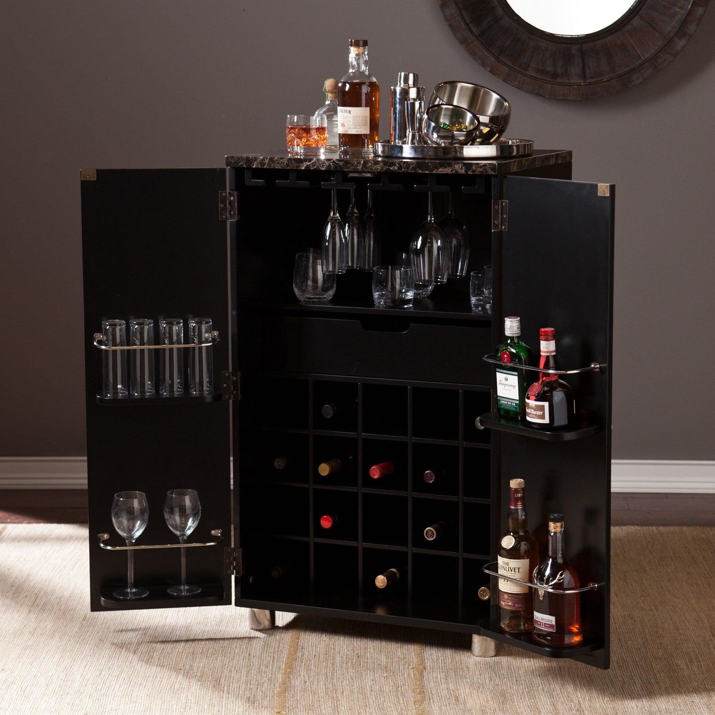 Metro Black Wood and Marble Bar Cabinet - AFS