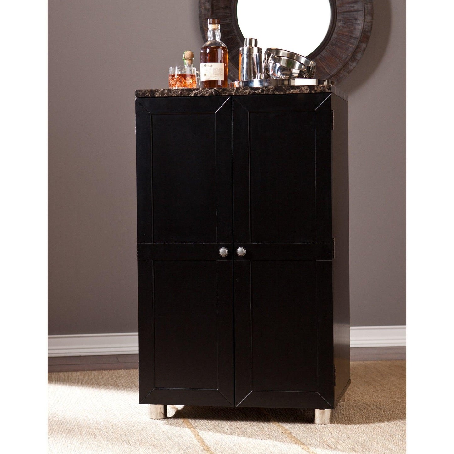 Metro Black Wood and Marble Bar Cabinet - AFS