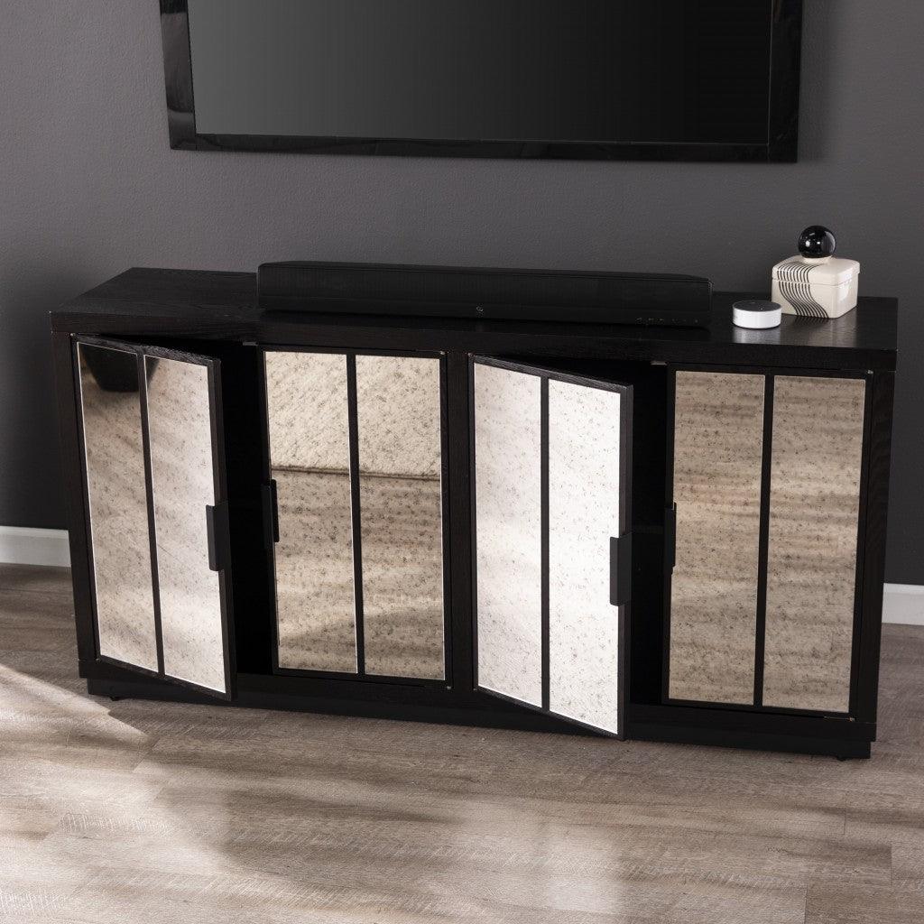 Dramatic Glam Black and Mirror Four Door Storage Cabinet - AFS