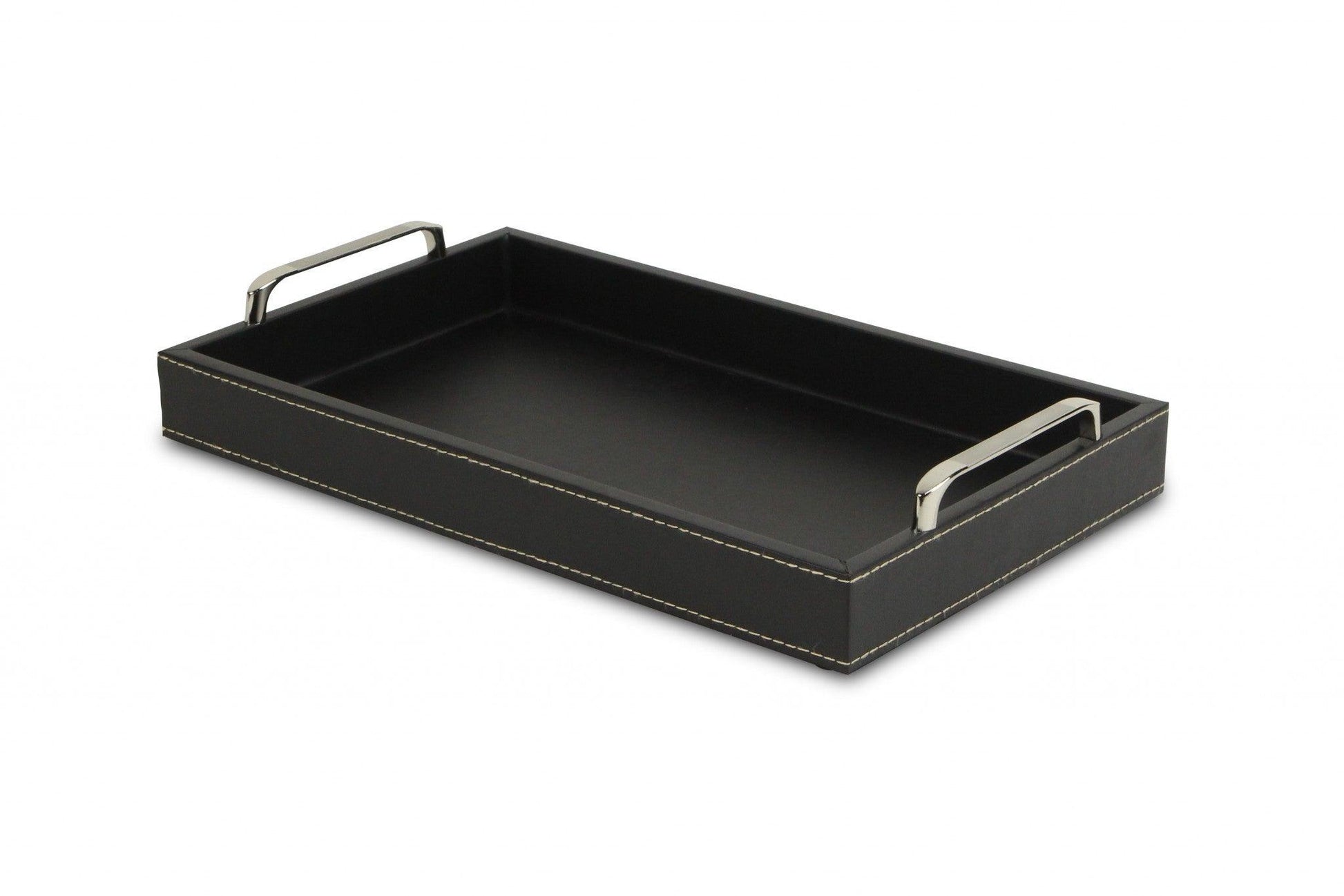 Black Faux Leather Tray with Metal Handles - AFS