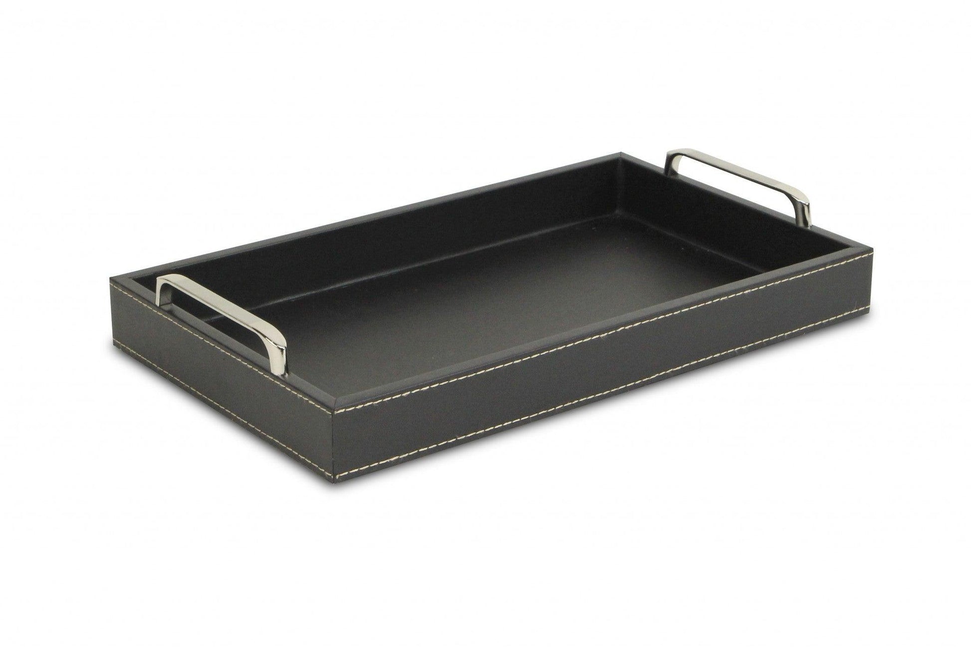 Black Faux Leather Tray with Metal Handles - AFS