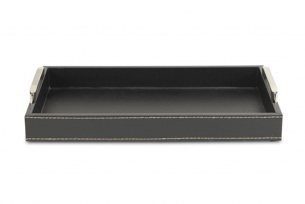 Black Faux Leather Tray with Metal Handles - AFS