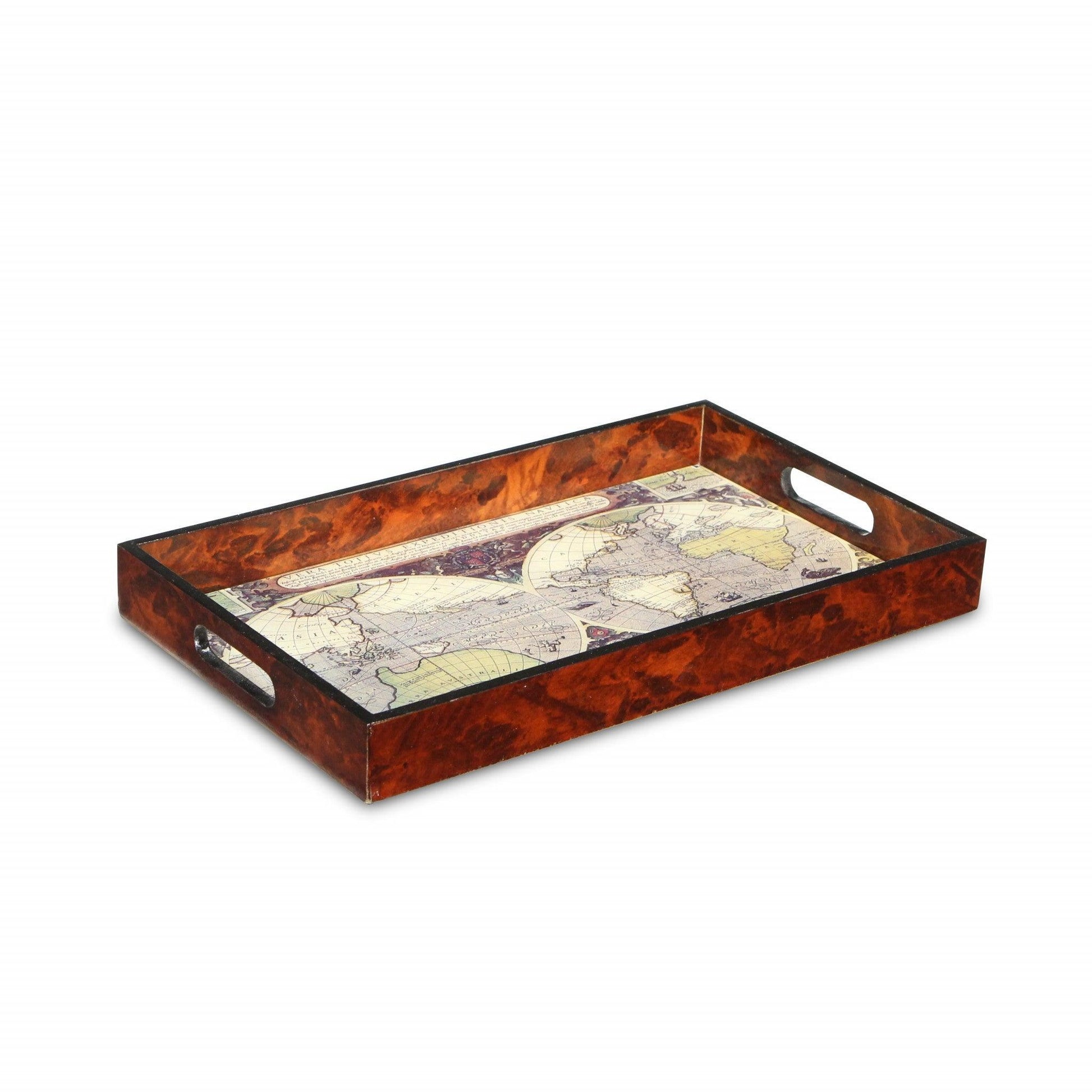 World Map Vintage Burlwood Serving Tray - AFS