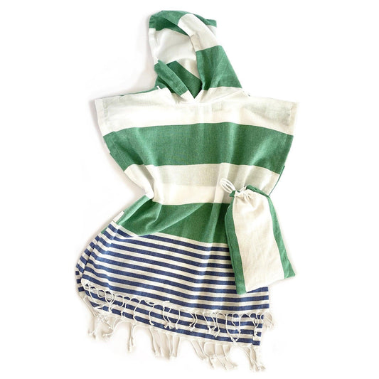 Navy Blue Green and White Striped Design Poncho Towel - AFS