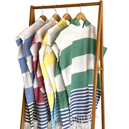 Navy Blue Green and White Striped Design Poncho Towel - AFS