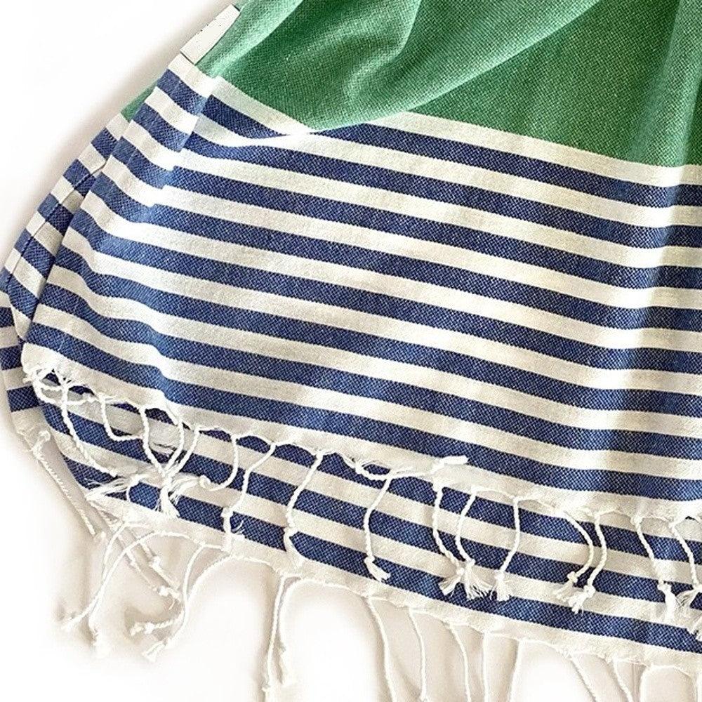 Navy Blue Green and White Striped Design Poncho Towel - AFS