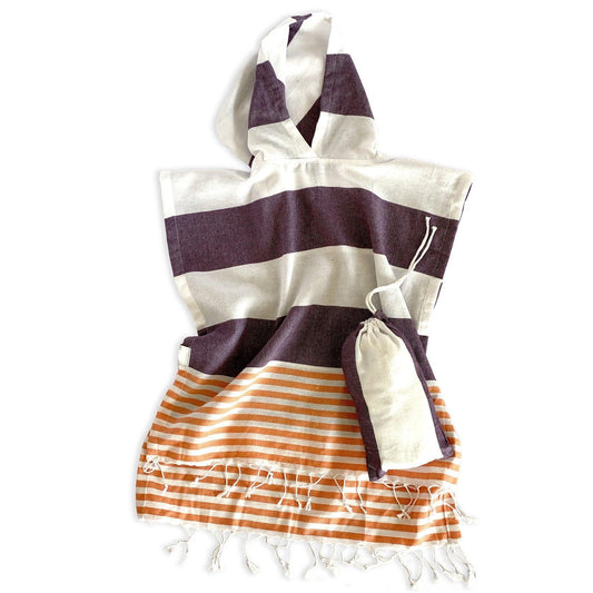 Dark Purple Orange and White Striped Design Poncho Towel - AFS