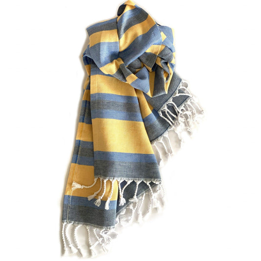 Denim and Yellow Striped Design Turkish Beach Blanket - AFS