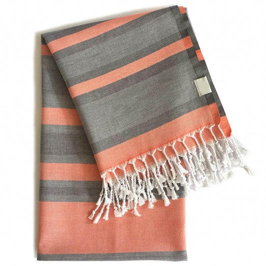 Peach and Dark Grey Striped Design Turkish Beach Blanket - AFS