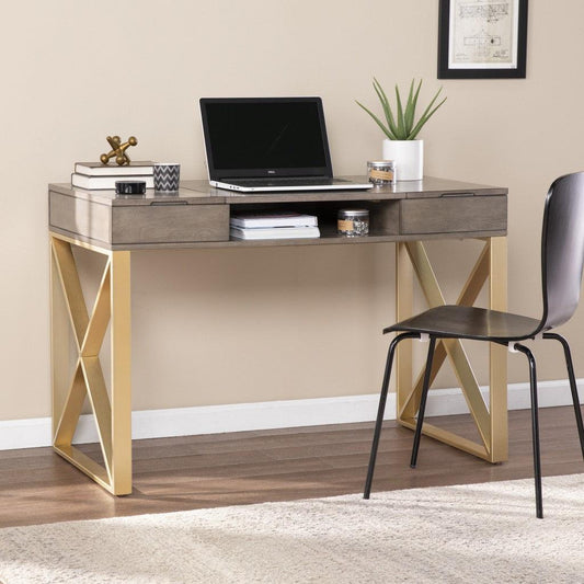 Modern Gray and Gold Writing Desk with Storage - AFS