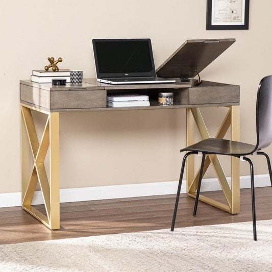 Modern Gray and Gold Writing Desk with Storage - AFS