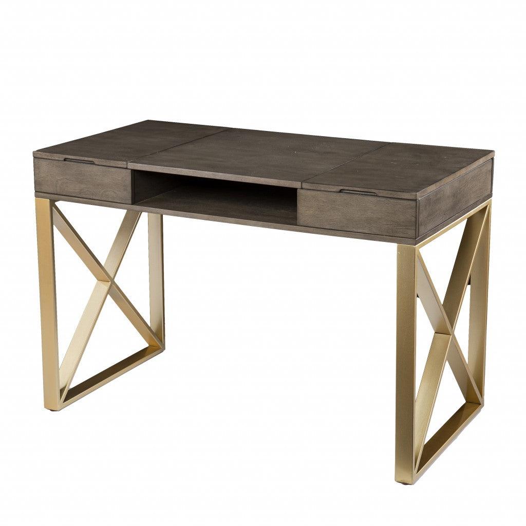 Modern Gray and Gold Writing Desk with Storage - AFS