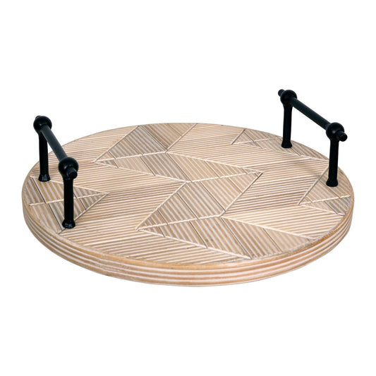 Modern Rustic Carved Chevron Round Tray with Handles - AFS