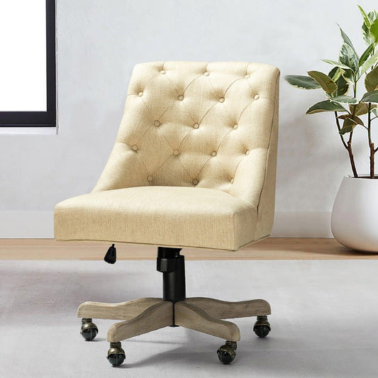 Beige Natural Tufted Back Linen Style Rolling Office Chair - AFS