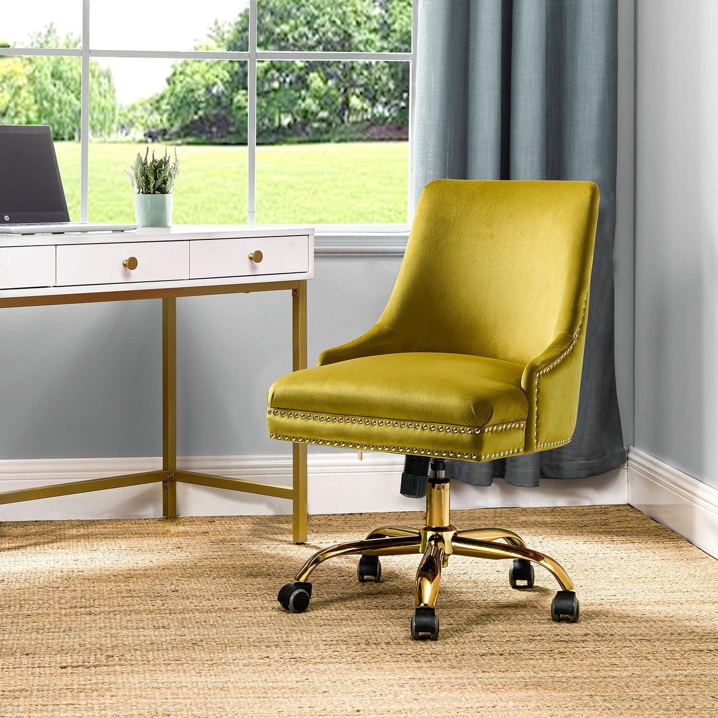 Handsome Mustard Nailhead Rolling Office Chair - AFS