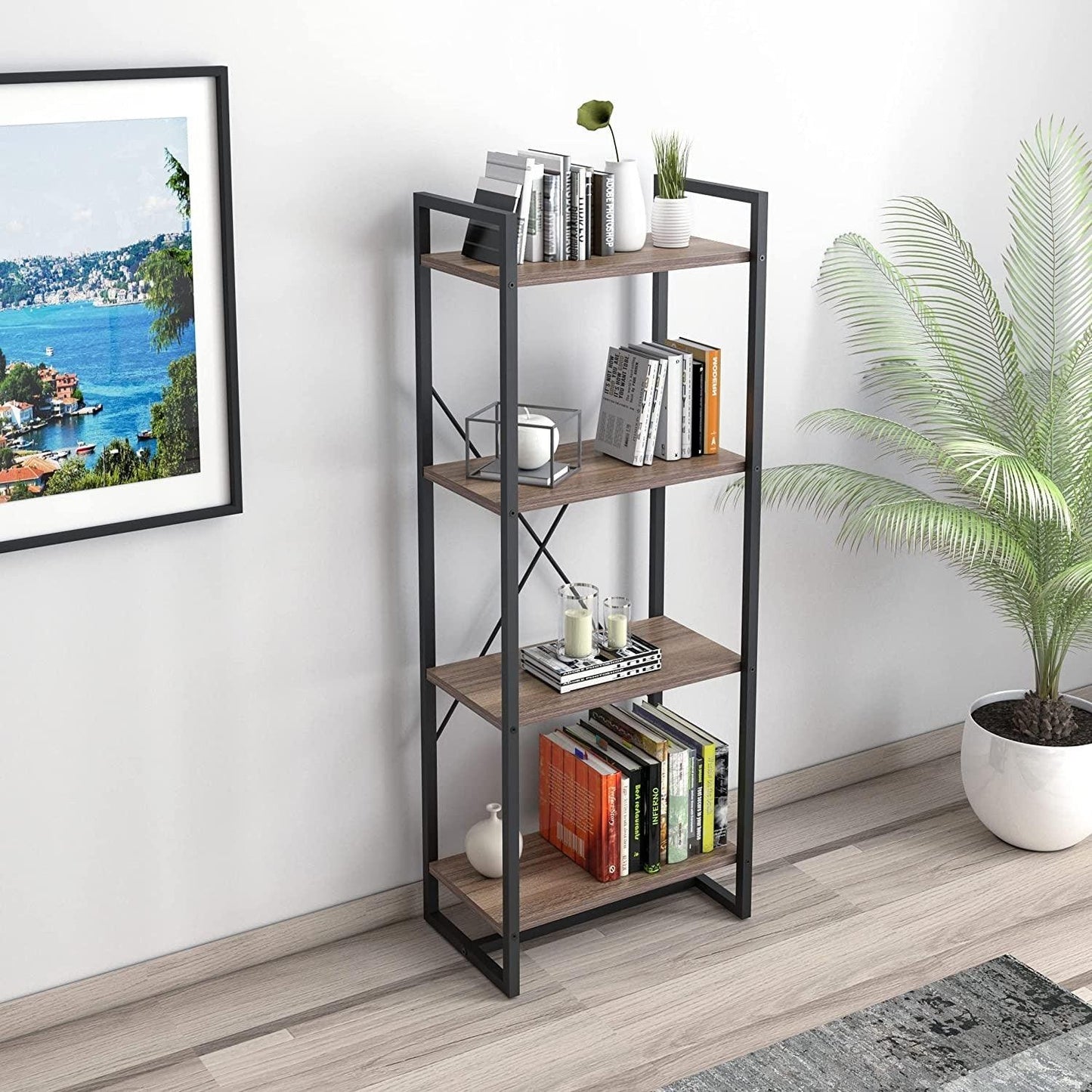 Mod Walnut and Black Four Tier Open Bookcase - AFS