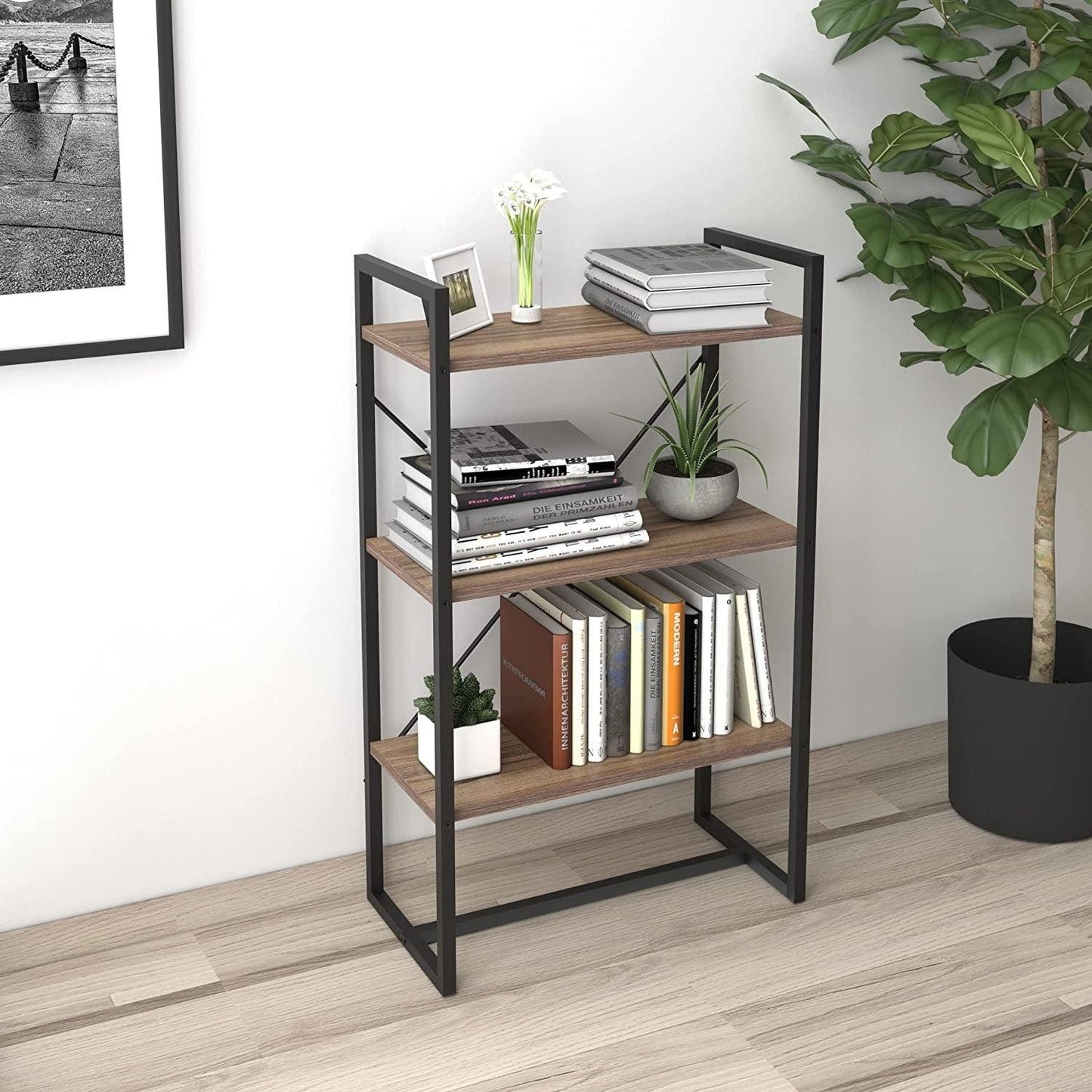 Mod Walnut and Black Three Tier Open Bookcase - AFS