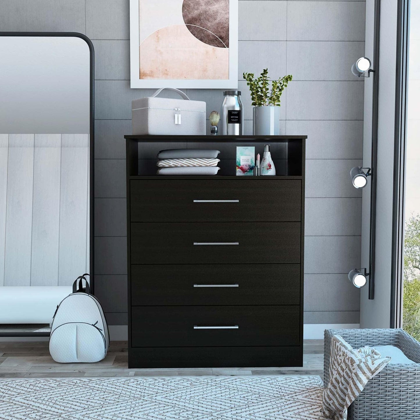 Modern Black Four Drawer Dresser with Hutch - AFS